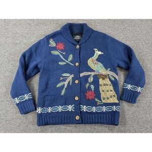 Lost Horizons Sweater Womens Medium Blue Wool Fleece Lined Peacock Cardigan